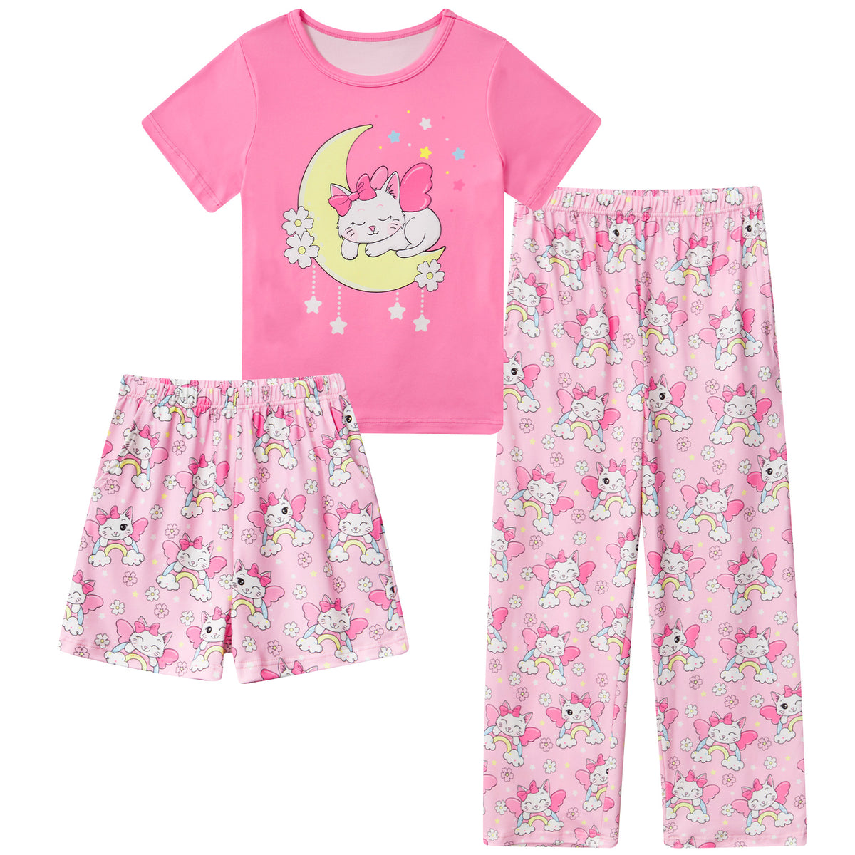 Aideaone Girls Pajamas Sets 3 Piece Short Sleeve Shirt Top Pants Shorts with Pockets Sleepwear 7-14 Years
