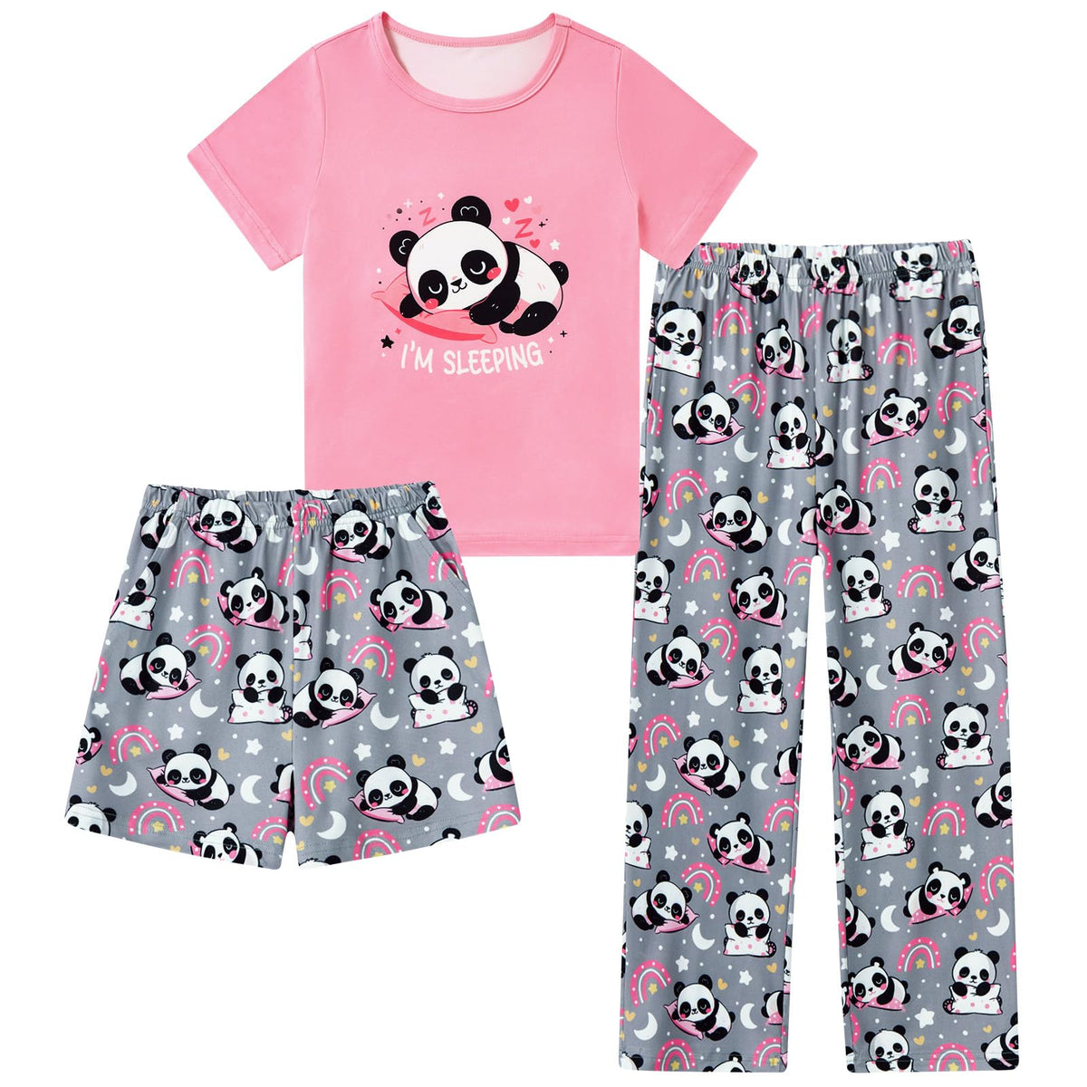 Aideaone Girls Pajamas Sets 3 Piece Short Sleeve Shirt Top Pants Shorts with Pockets Sleepwear 7-14 Years