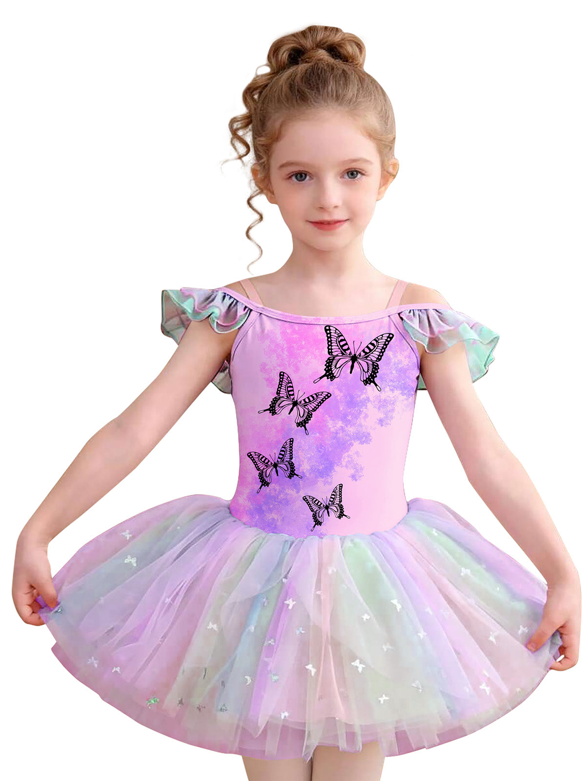 Aideaone Toddler Girls Ballet Tutu Dress Off Shoulder Leotard 3-7Y Kids Dance Costume Rainbow Tulle Skirt