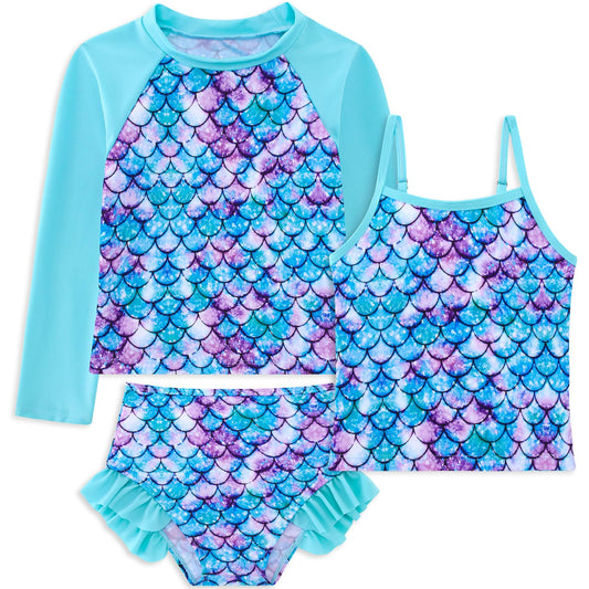 Girls 3-Piece Swimsuit Kids Bathing Suits Tankini Set Long Sleeve Rash Guard Swimwear for Girls 3-10Y