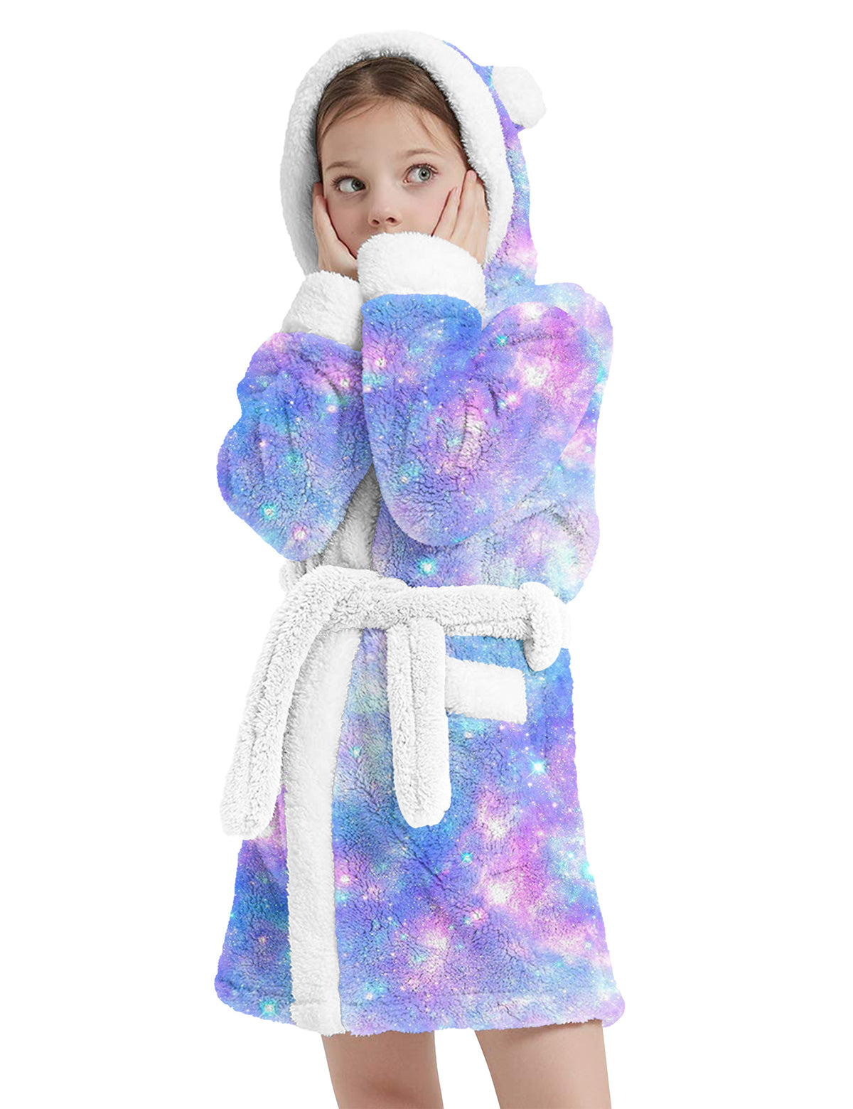 Aideaone Girls Hooded Plush Robe Soft Fuzzy Bathrobe Cozy Sleepwear Loungewear with Belt Pockets Printed Fluffy Lounge Robe for 4-12Y