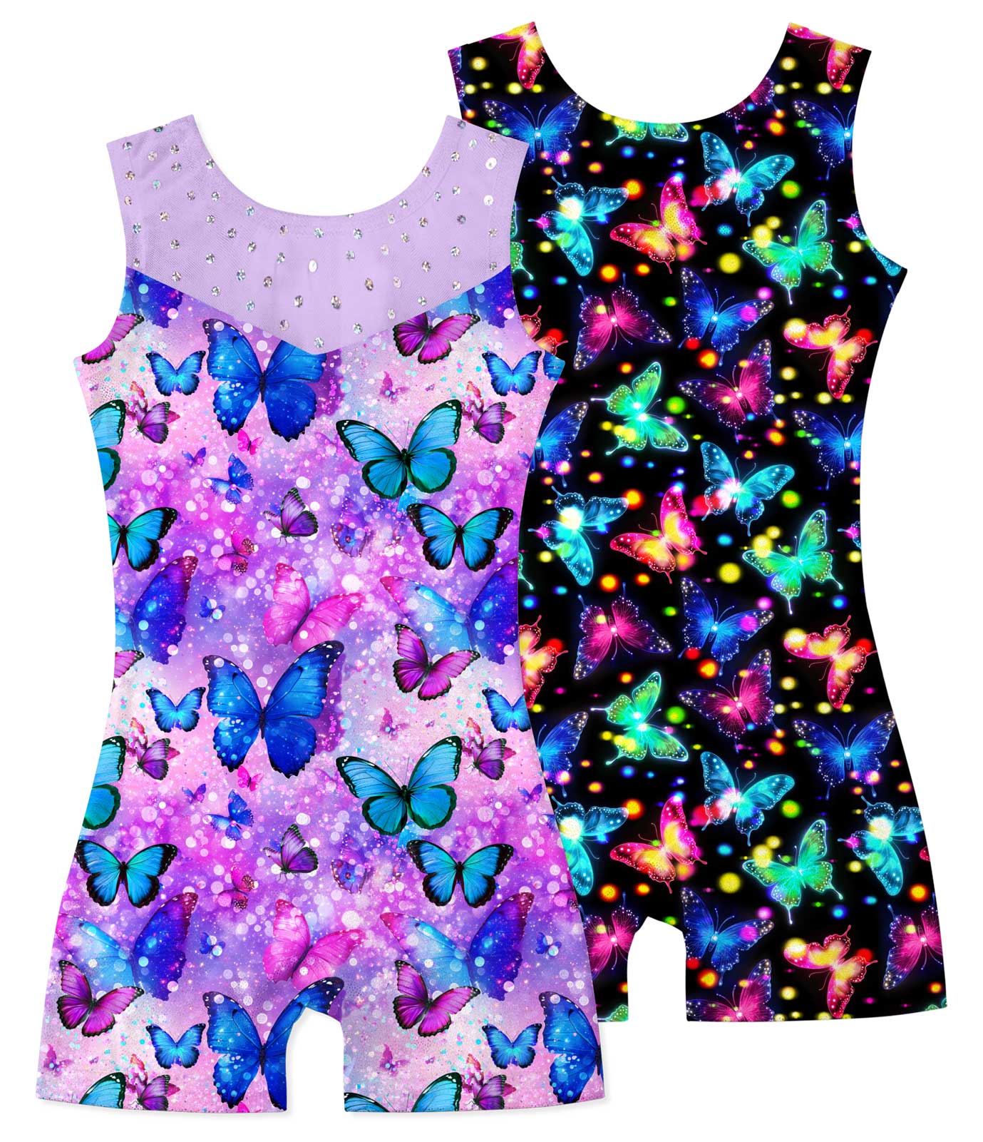 Aideaone Girls Gymnastics Leotards 2 Pack Sleeveless Rhinestone Biketards Sparkle Printed Dance Unitard Ballet Training Bodysuit for Little Girls 4-10Y
