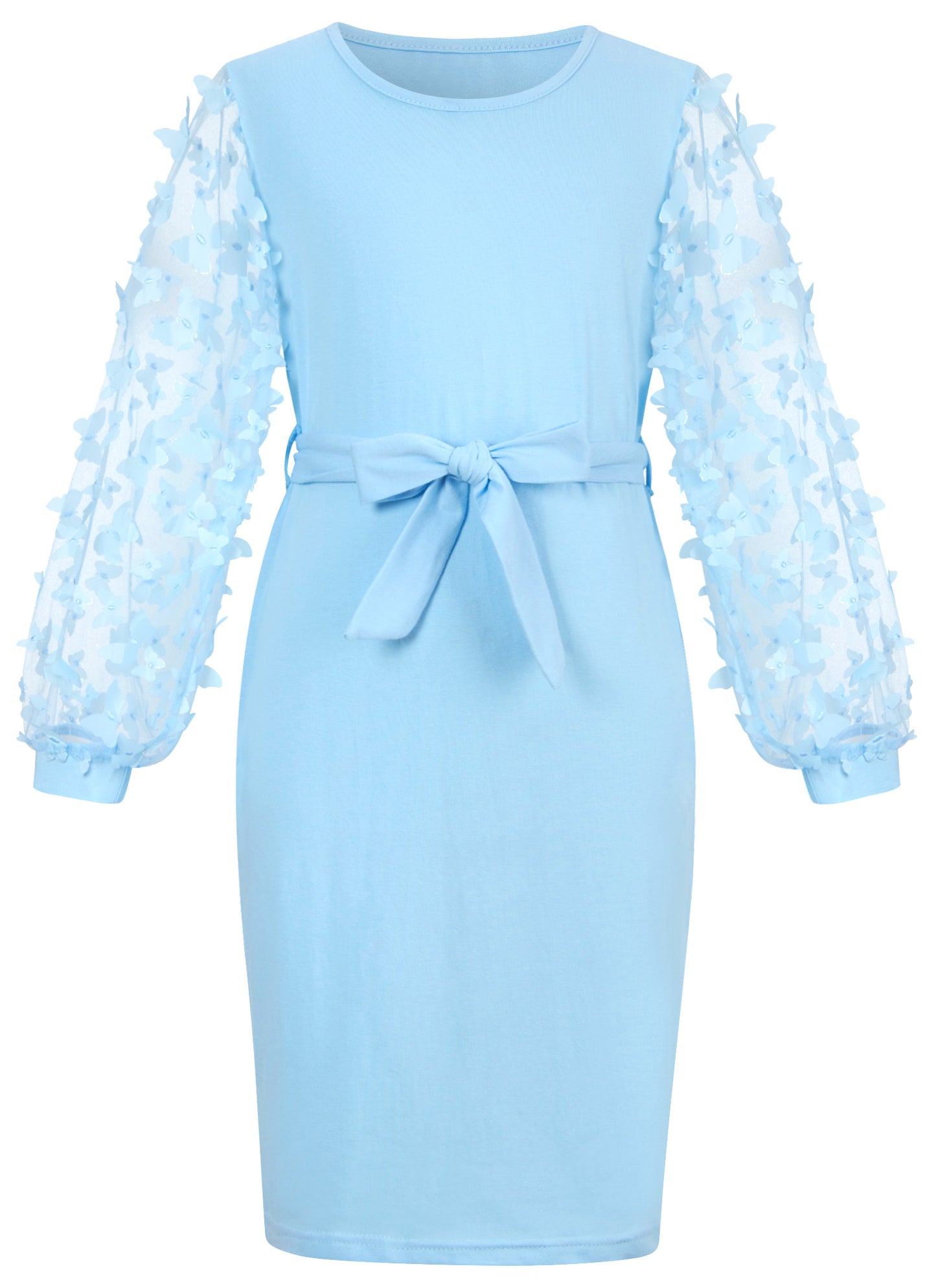 Aideaone Girls Dresses Butterfly Mesh Puff Long Sleeve Bodycon Dress with Belt Crew Neck Party Dress for Girls 7-16 Years