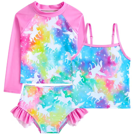 Girls 3-Piece Swimsuit Kids Bathing Suits Tankini Set Long Sleeve Rash Guard Swimwear for Girls 3-10Y