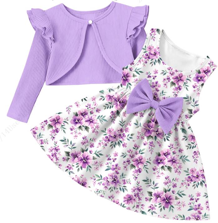 Aideaone Toddler Girls Sleeveless Floral Dress with Ruffle Long Sleeve Cardigan 2‑Piece Set for 2‑6T Little Girls
