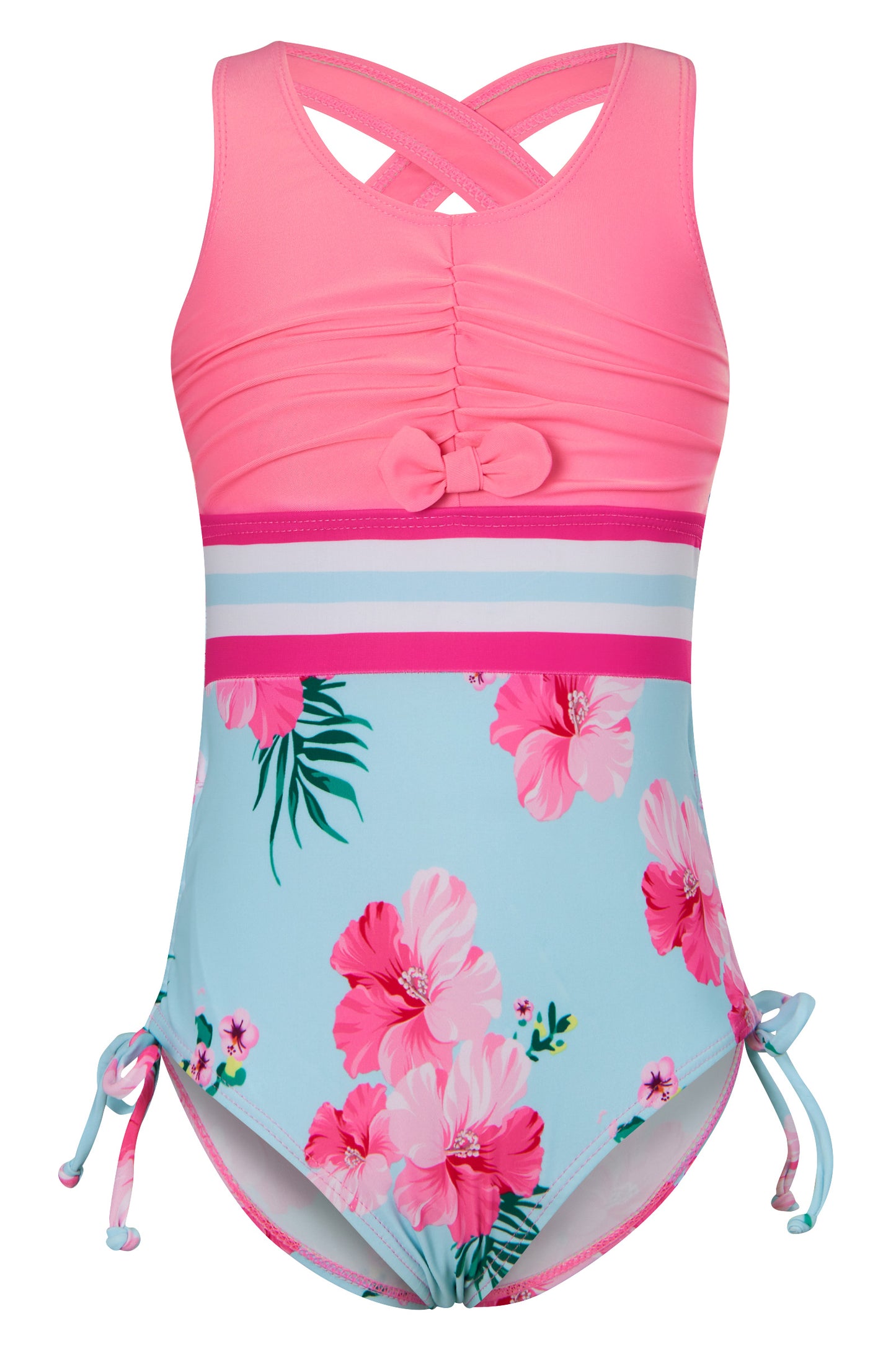 Aideaone Girls One Piece Swimsuit Cute Striped Bathing Suit Drawstring Hawaii Swimwear for Girls 4-13Y