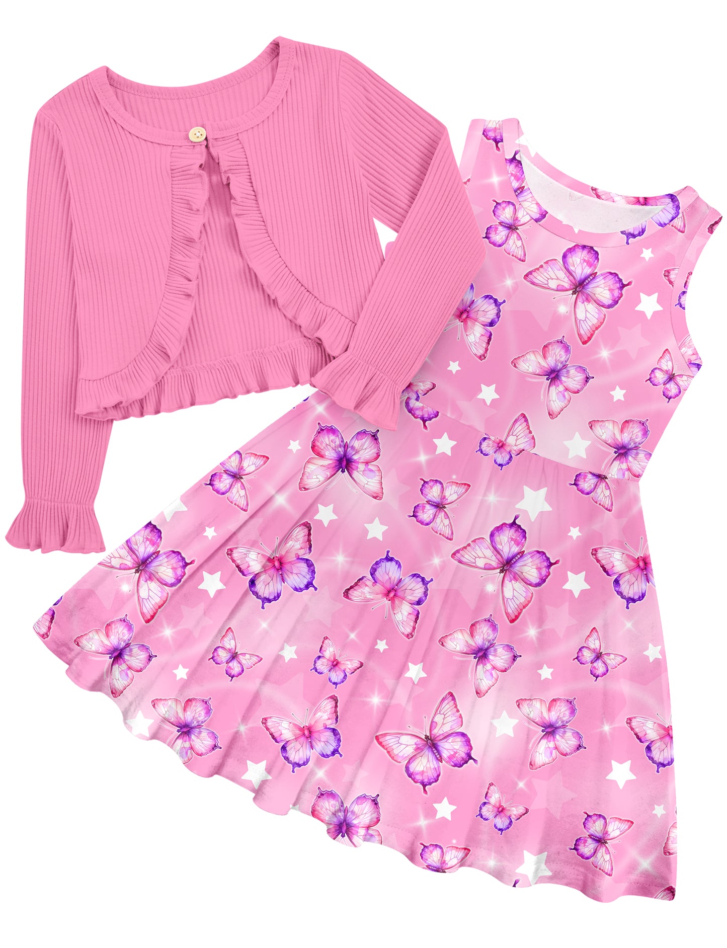 Aideaone Toddler Girl Sleeveless Dresses and Long Sleeve Ruffle Cardigan 2 Piece Fall Outfits for 2-7T