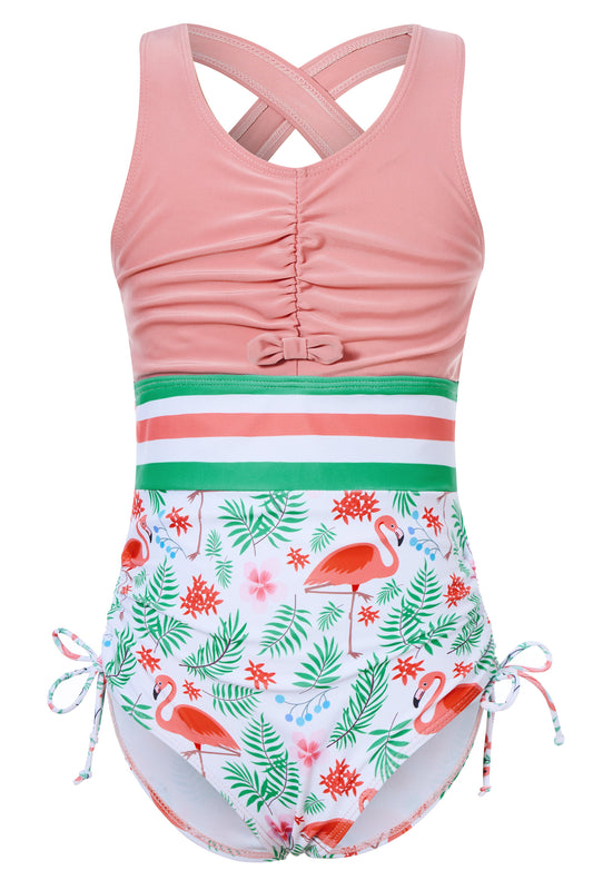 Aideaone Girls One Piece Swimsuit Cute Striped Bathing Suit Drawstring Hawaii Swimwear for Girls 4-13Y