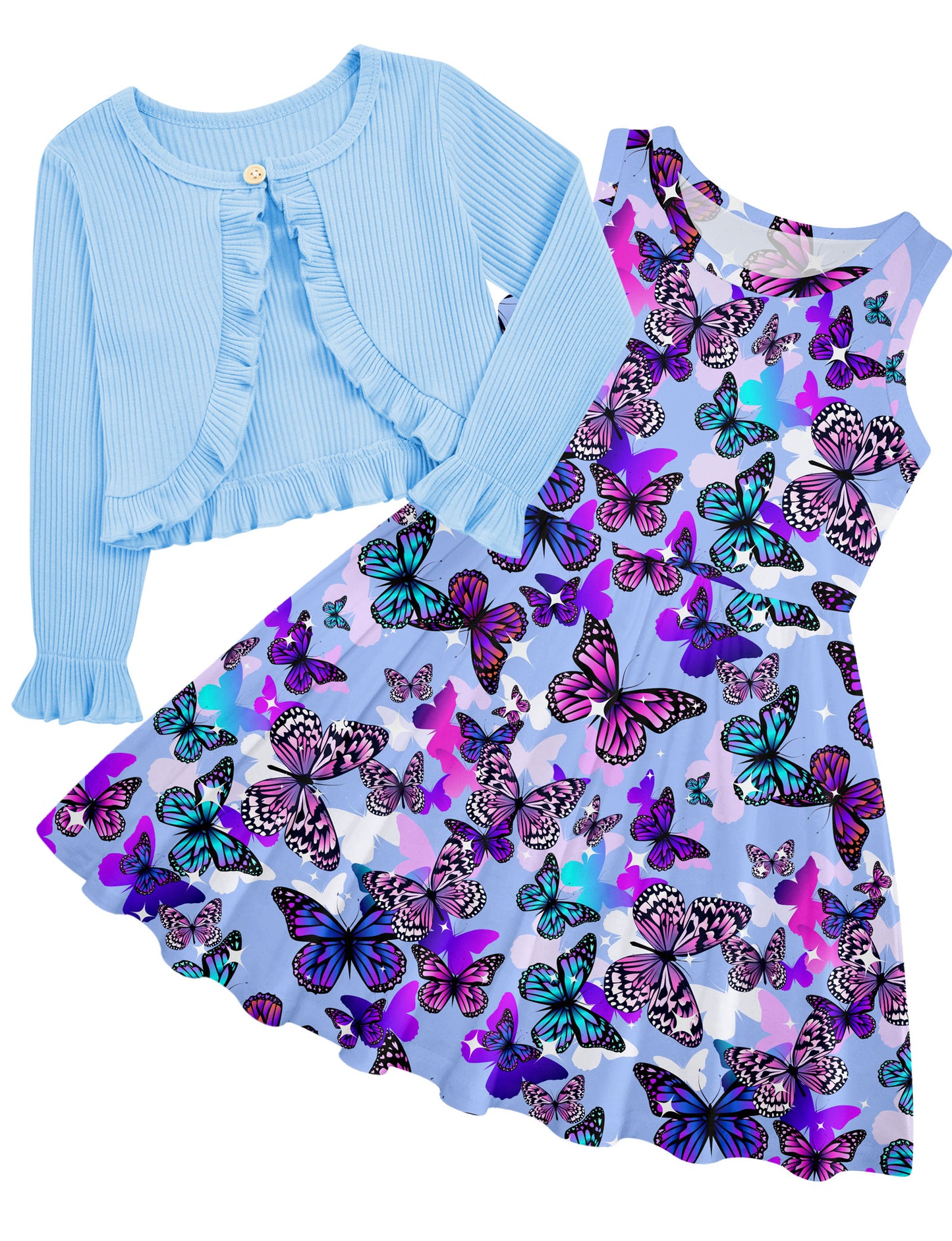 Aideaone Toddler Girl Sleeveless Dresses and Long Sleeve Ruffle Cardigan 2 Piece Fall Outfits for 2-7T