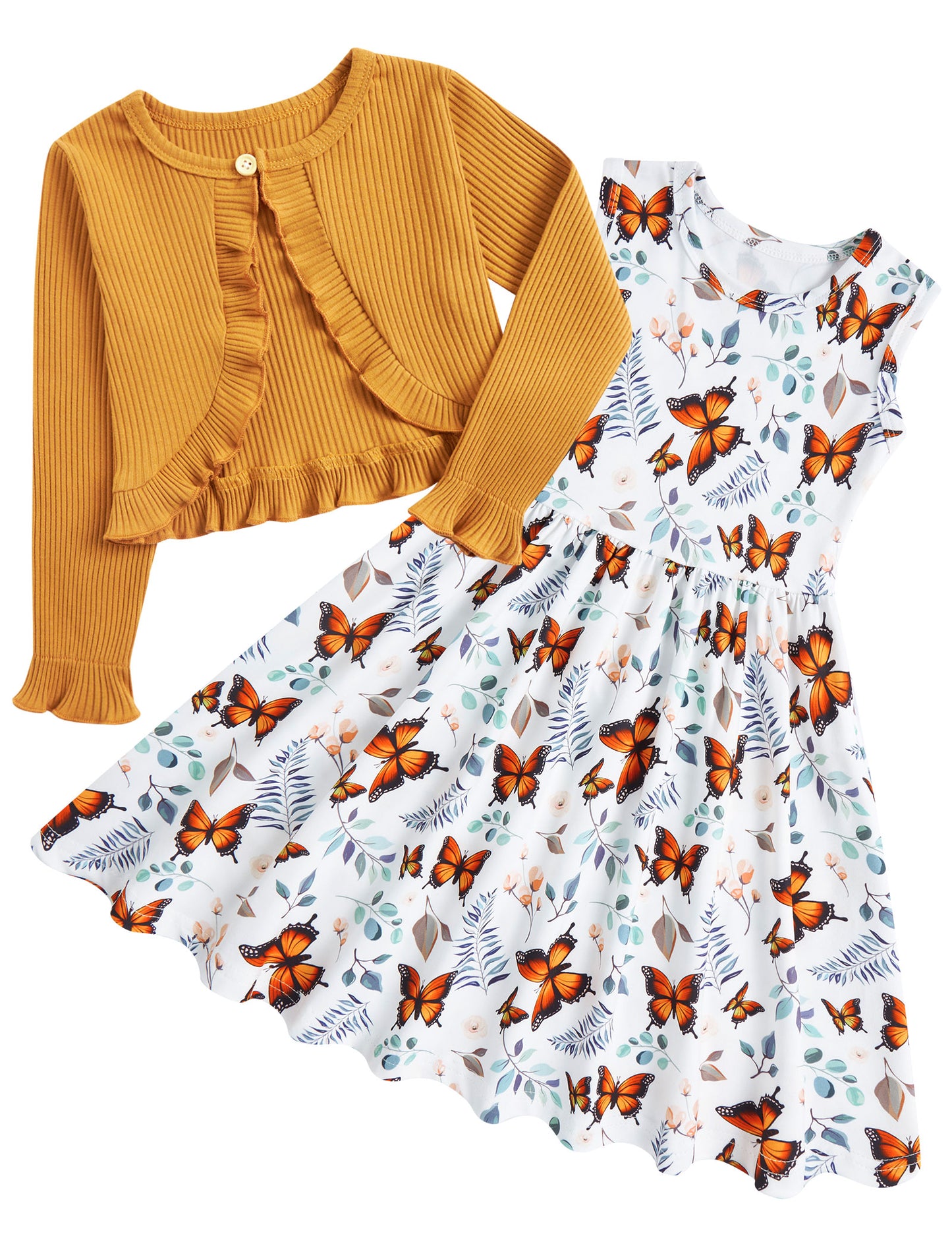Aideaone Toddler Girl Sleeveless Dresses and Long Sleeve Ruffle Cardigan 2 Piece Fall Outfits for 2-7T