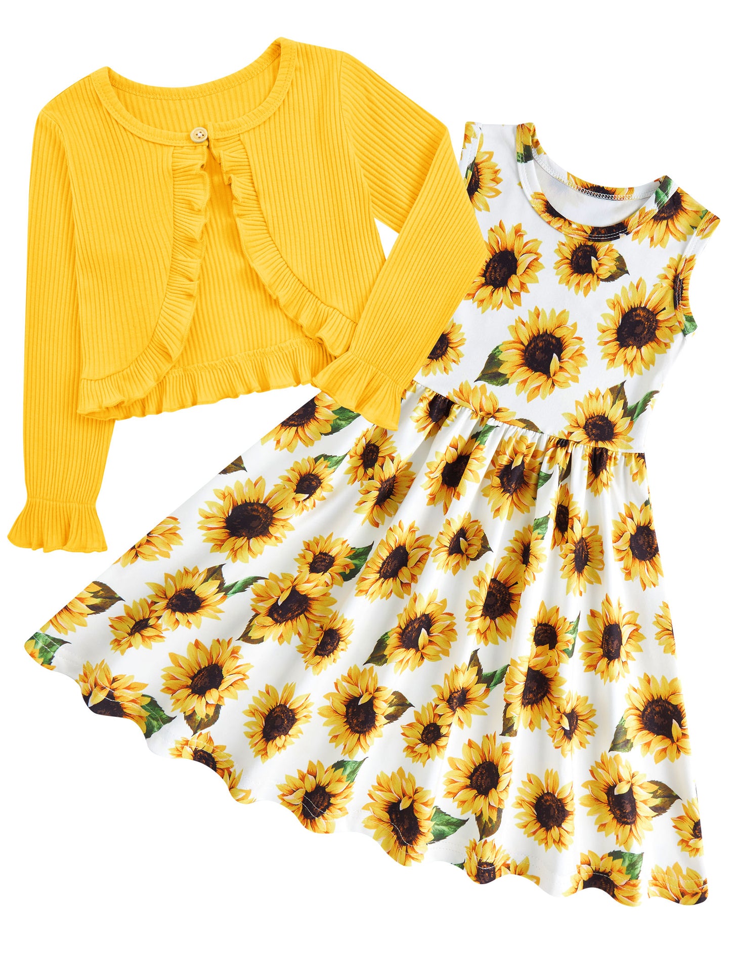 Aideaone Toddler Girl Sleeveless Dresses and Long Sleeve Ruffle Cardigan 2 Piece Fall Outfits for 2-7T
