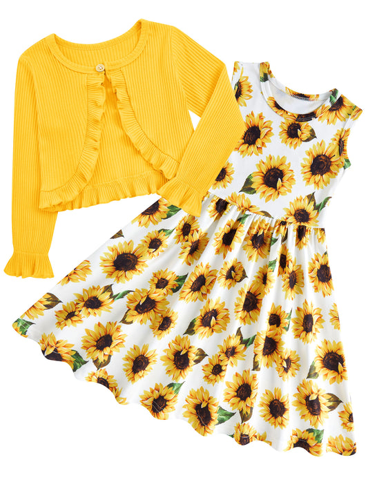 Aideaone Toddler Girl Sleeveless Dresses and Long Sleeve Ruffle Cardigan 2 Piece Fall Outfits for 2-7T