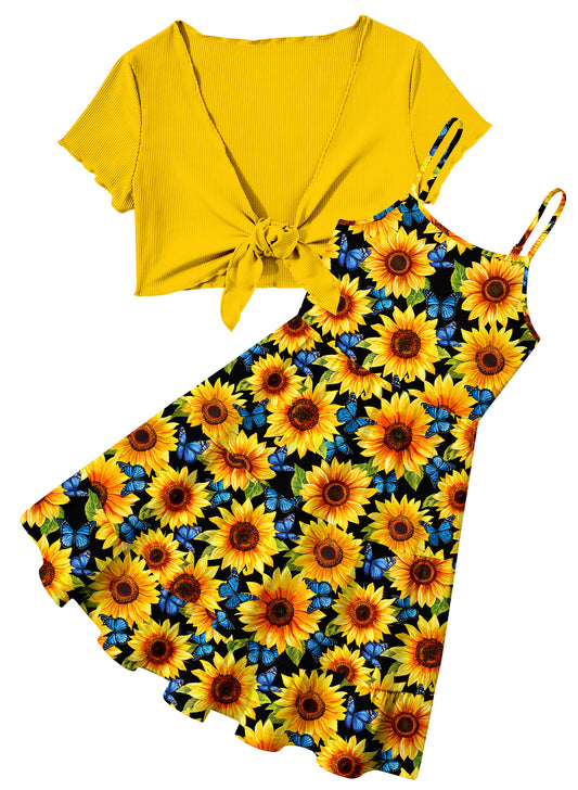 Girls Dresses Adjustable Strap Sleeveless A Line Dress with Cardigan 2 Piece Set Casual Sundress for Girls 7-14T