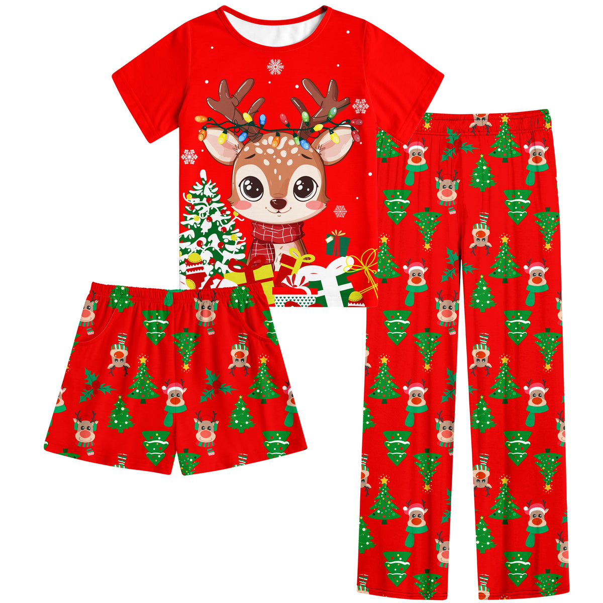 Aideaone Girls Pajamas Sets 3 Piece Short Sleeve Shirt Top Pants Shorts with Pockets Sleepwear 7-14 Years