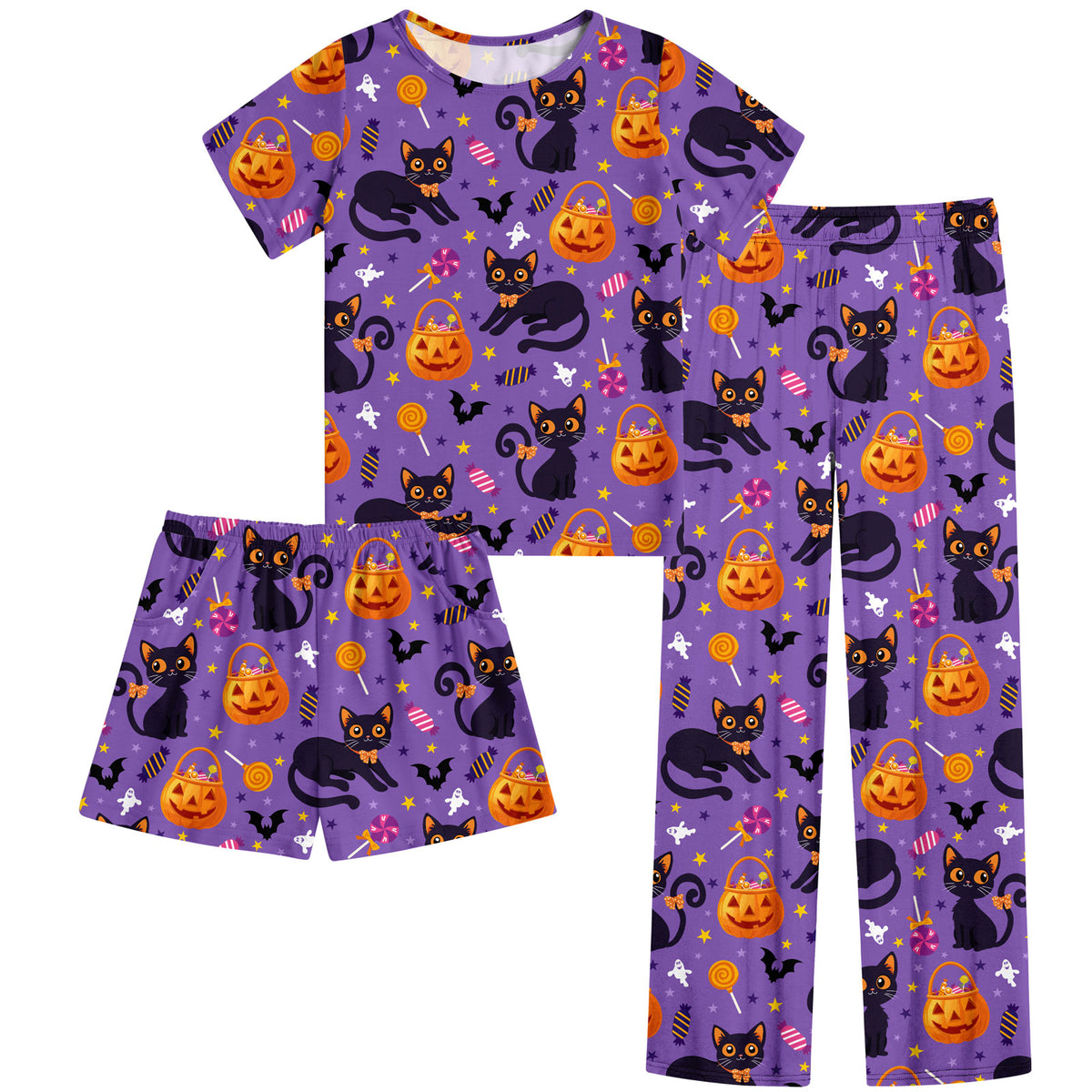 Aideaone Girls Pajamas Sets 3 Piece Short Sleeve Shirt Top Pants Shorts with Pockets Sleepwear 7-14 Years