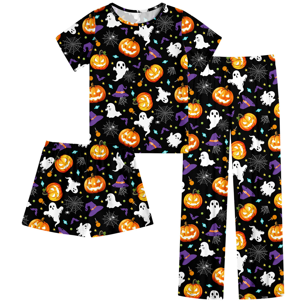 Aideaone Girls Pajamas Sets 3 Piece Short Sleeve Shirt Top Pants Shorts with Pockets Sleepwear 7-14 Years