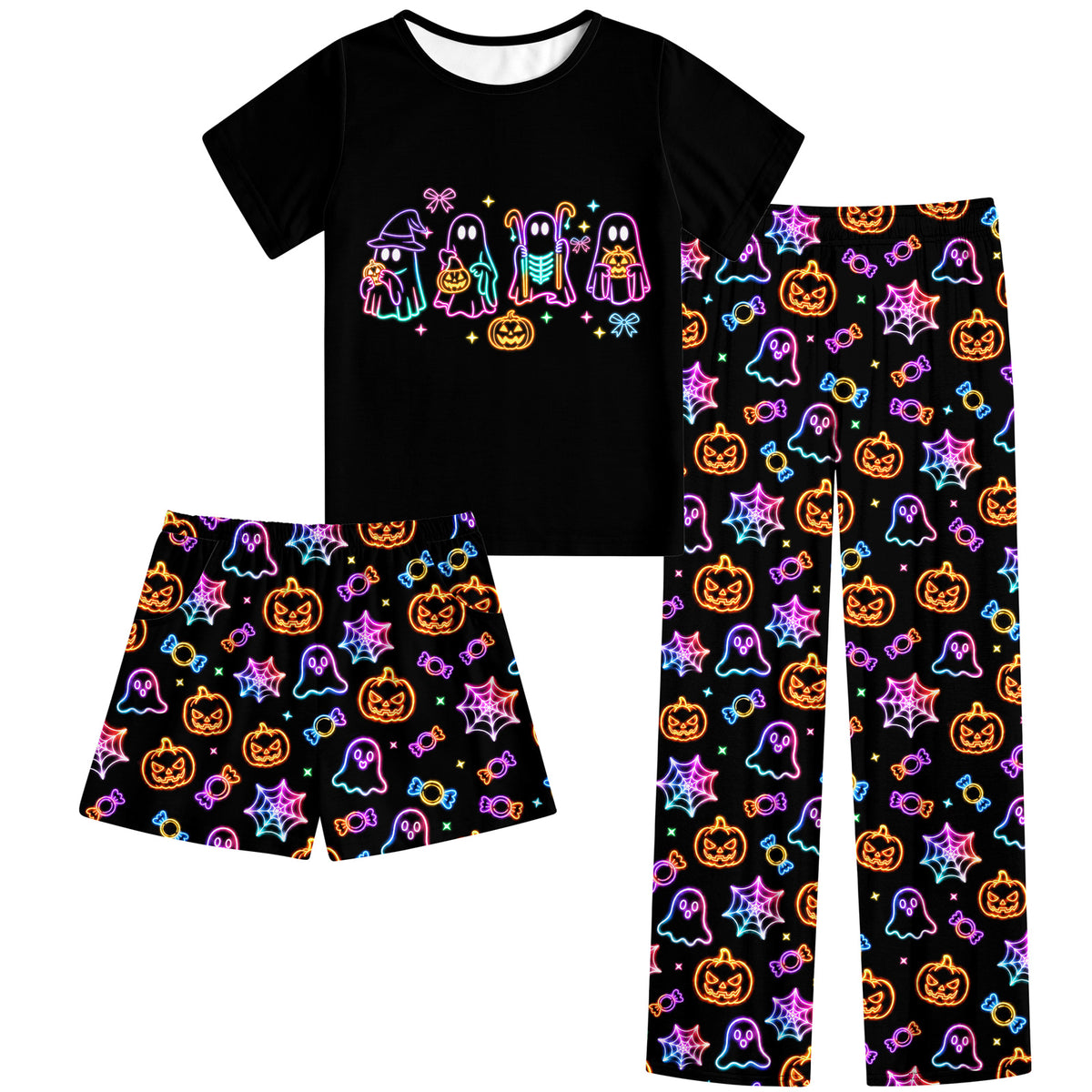 Aideaone Girls Pajamas Sets 3 Piece Short Sleeve Shirt Top Pants Shorts with Pockets Sleepwear 7-14 Years