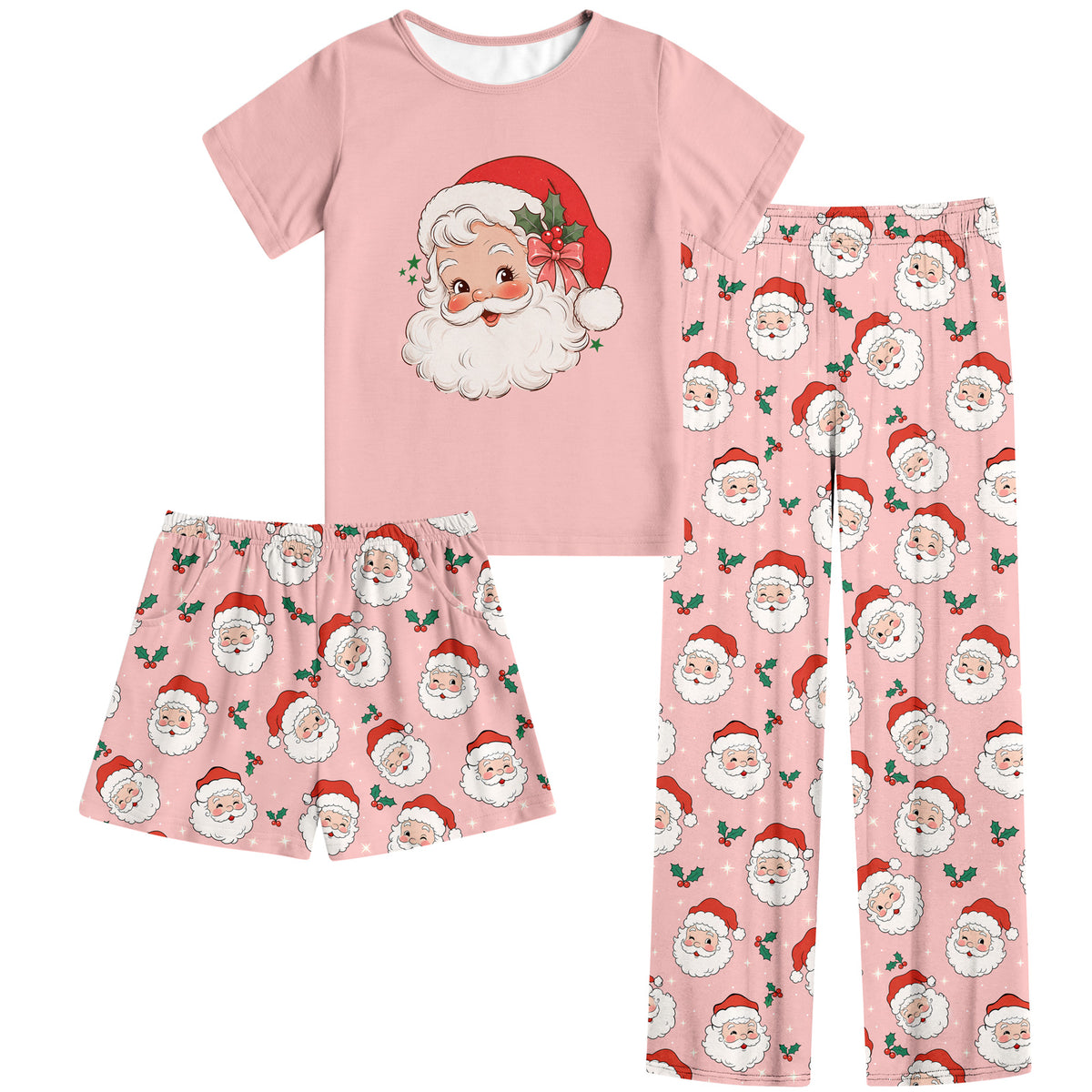 Aideaone Girls Pajamas Sets 3 Piece Short Sleeve Shirt Top Pants Shorts with Pockets Sleepwear 7-14 Years