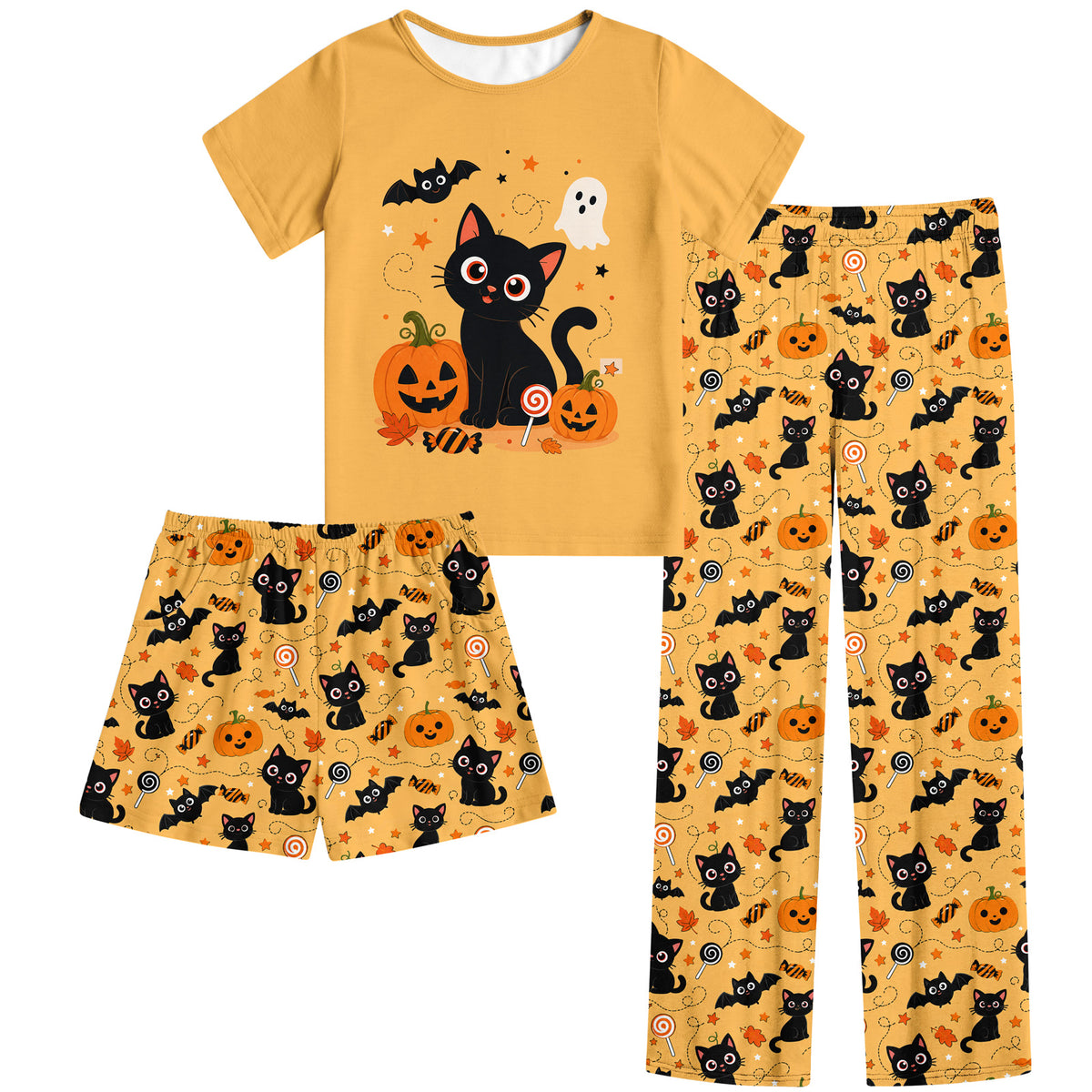 Aideaone Girls Pajamas Sets 3 Piece Short Sleeve Shirt Top Pants Shorts with Pockets Sleepwear 7-14 Years