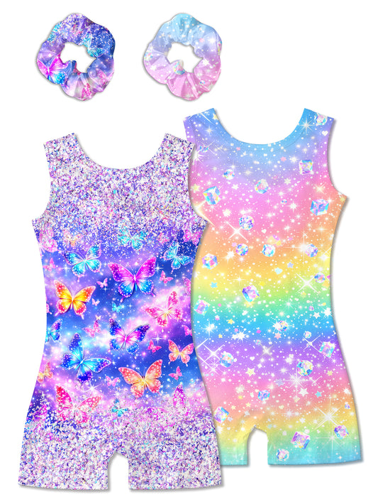 Aideaone Girls 2 Pack Gymnastics Leotards with Matching Scrunchies Sparkly Biketards 4-10Y
