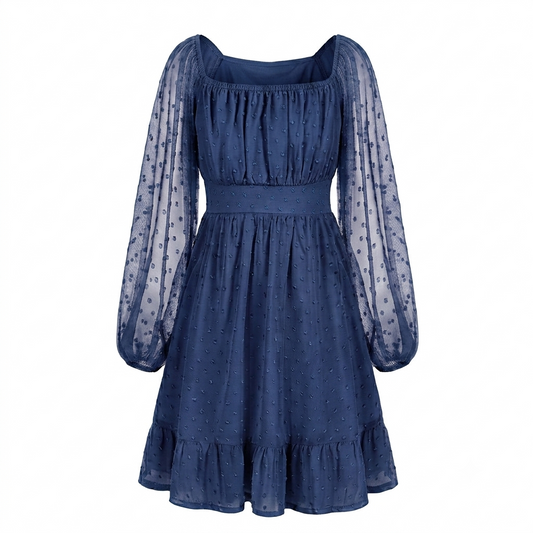Aideaone Girls Long Sleeve Chiffon Dresses Square Neck Swiss Dot A-Line Ruffle Hem Casual fall winter Dress 7-14 Years