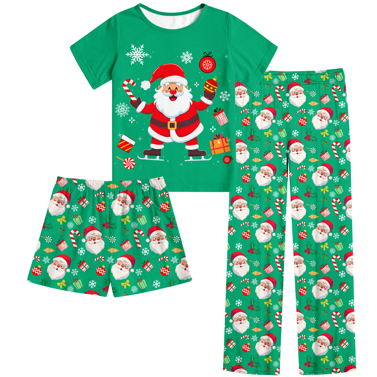 Aideaone Girls Pajamas Sets 3 Piece Short Sleeve Shirt Top Pants Shorts with Pockets Sleepwear 7-14 Years