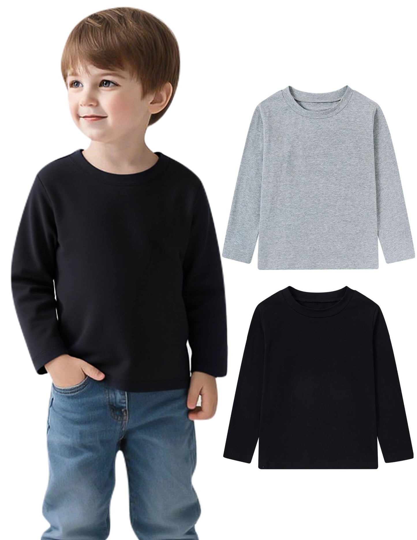 Aideaone Toddler Boys Long Sleeve Shirts Kids Basic Cotton T-Shirts 2PC Crewneck Tees for Boys 2-7T