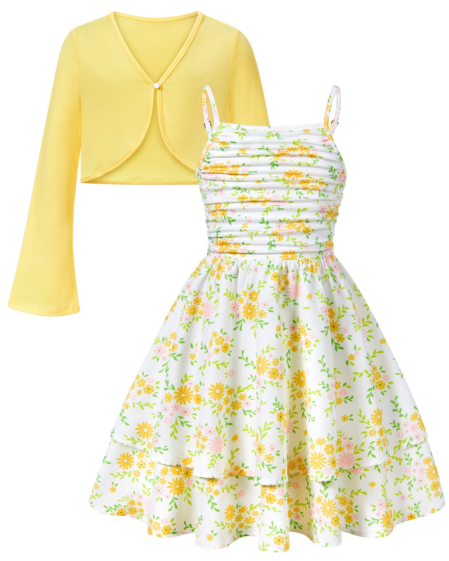 Aideaone Girls Summer Dress with Cardigan Floral Ruched Spaghetti Strap Layered Church Party Dress 7-14Y