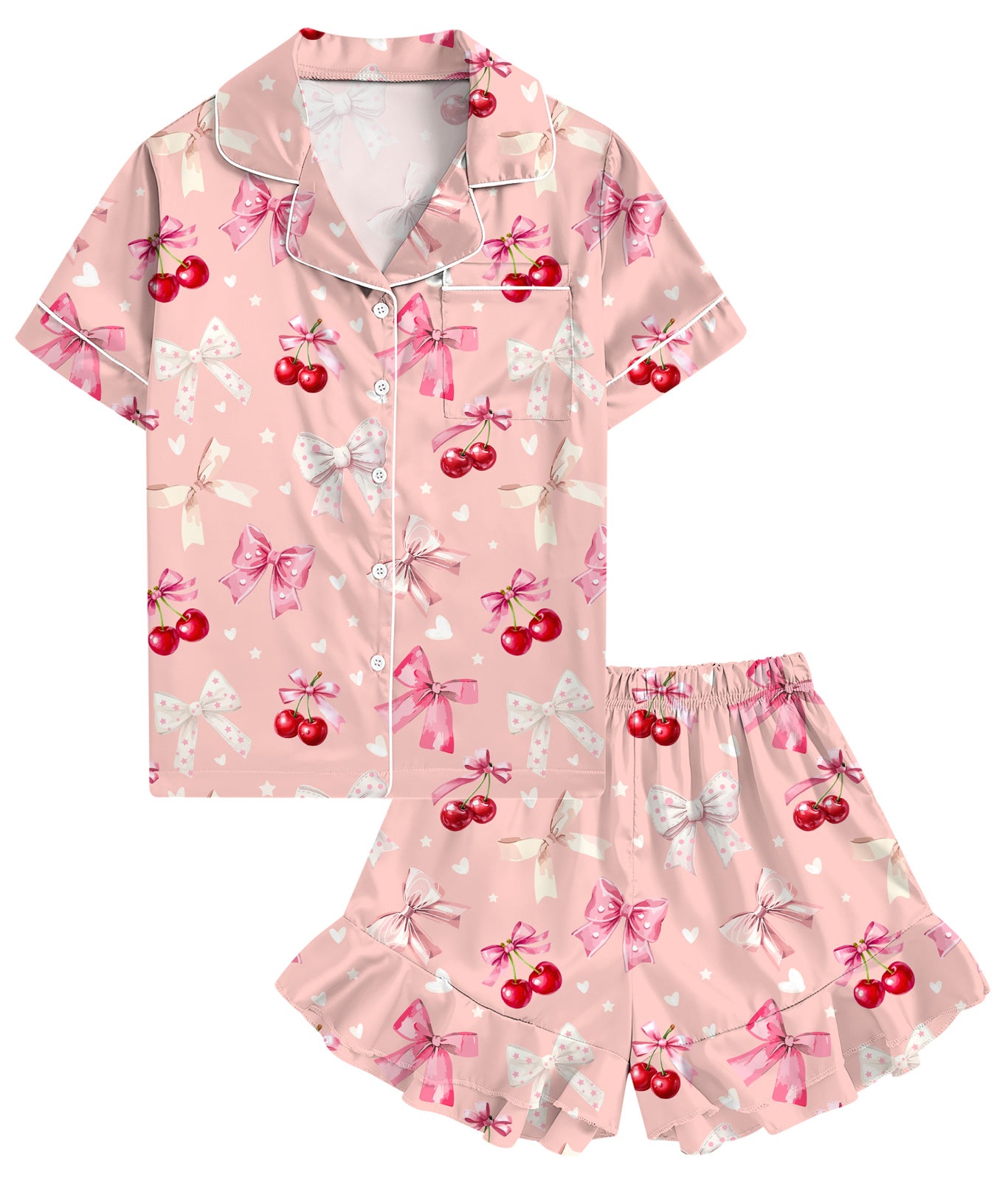 Aideaone Girls Satin Pajama Set Short Sleeve Button Down Silk Sleepwear 2 Piece Summer Loungewear for Child Girl 6-14Y