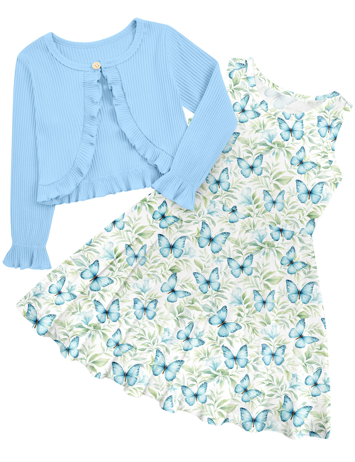 Aideaone Dresses for Girls 5‑12 Sleeveless Floral Butterfly Print with Ruffle Long Sleeve Cardigan 2 Piece Set