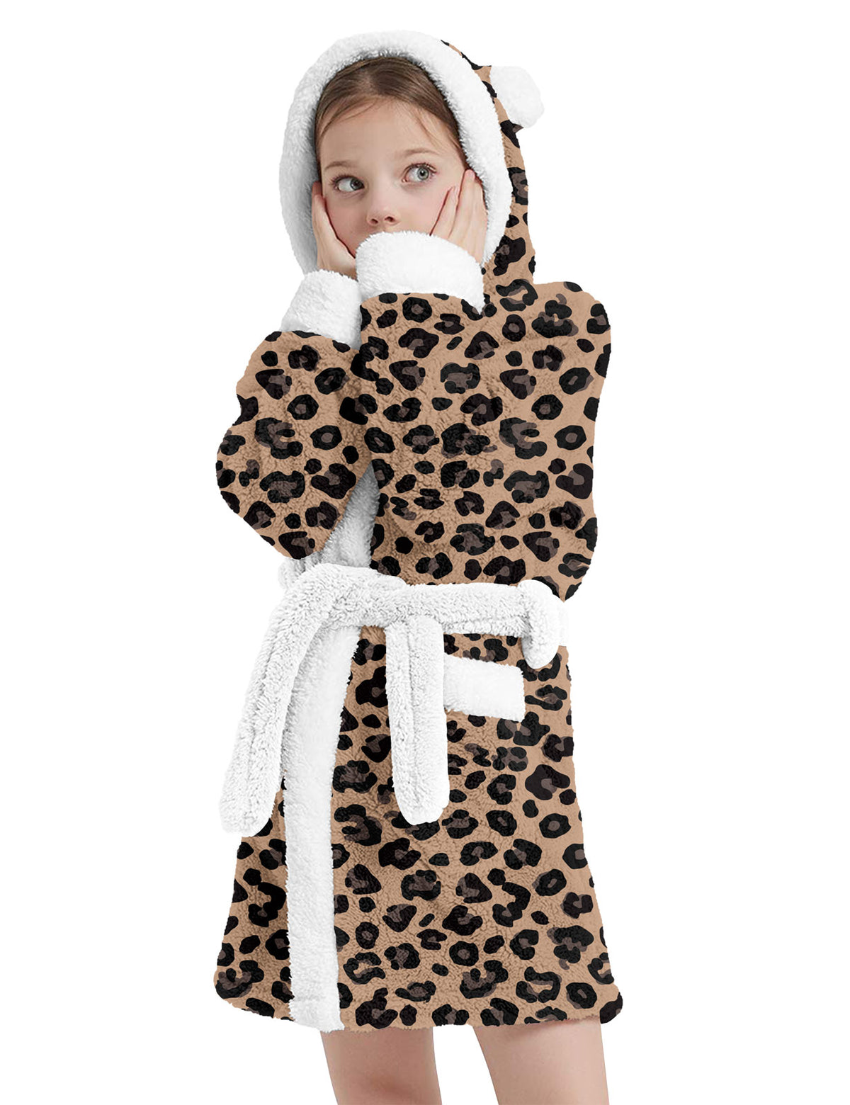 Aideaone Girls Hooded Plush Robe Soft Fuzzy Bathrobe Cozy Sleepwear Loungewear with Belt Pockets Printed Fluffy Lounge Robe for 4-12Y