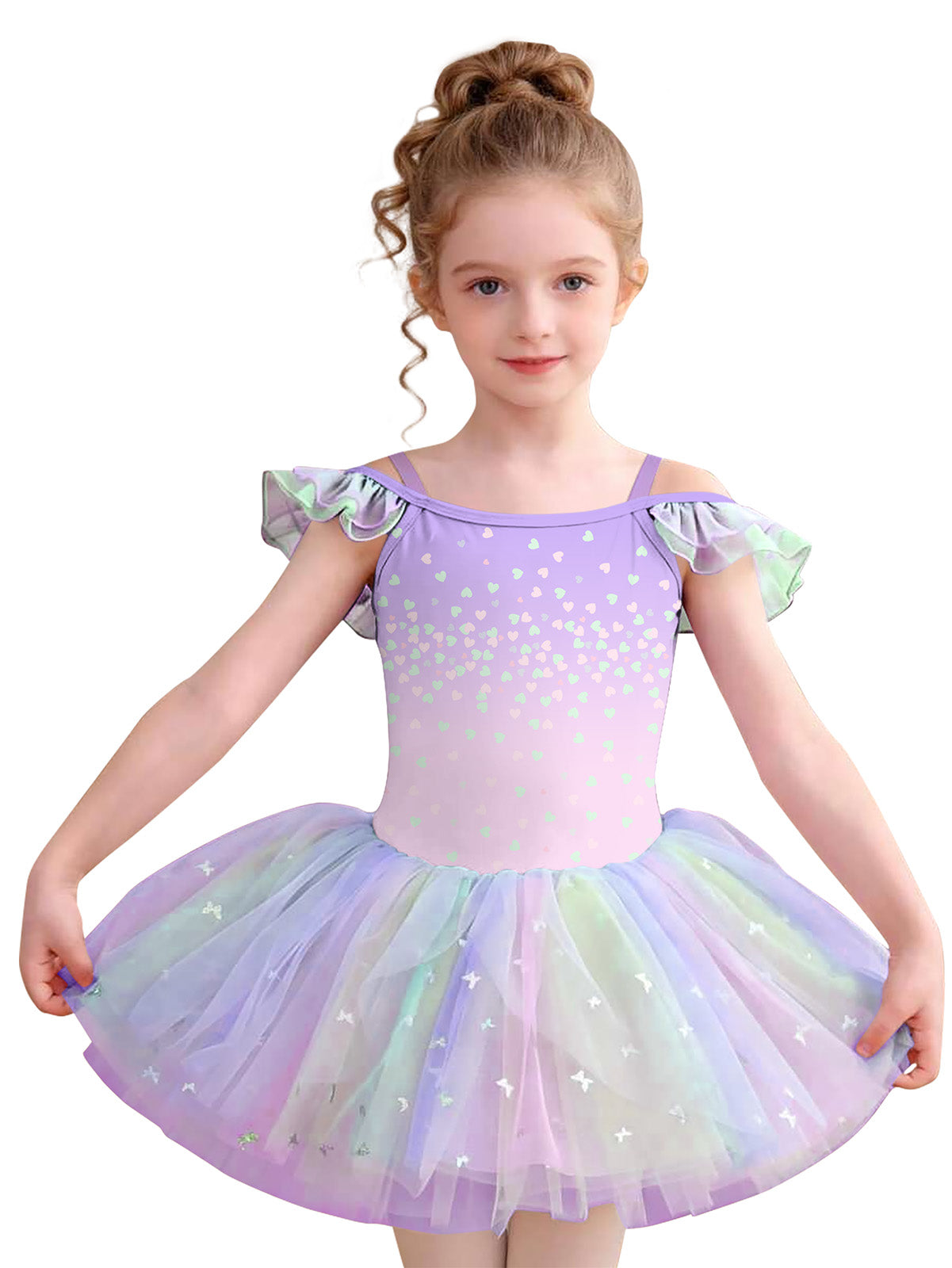 Aideaone Toddler Girls Ballet Tutu Dress Off Shoulder Leotard 3-7Y Kids Dance Costume Rainbow Tulle Skirt