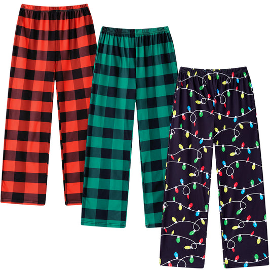 Aideaone 3-Pack Boys Pajama Pants Kids Soft Sleepwear Printed Plaid Pj Bottoms with Pockets for Boys (7-14)