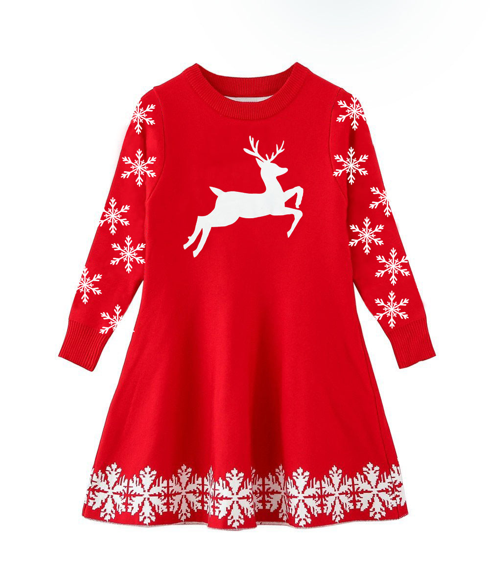 Aideaone Girls Sweater Dress Little Girls Christmas Knit Dresses Long Sleeve Xmas Cartoon Snowflake Print A Line Casual Holiday Party Sundress For 4-11Y