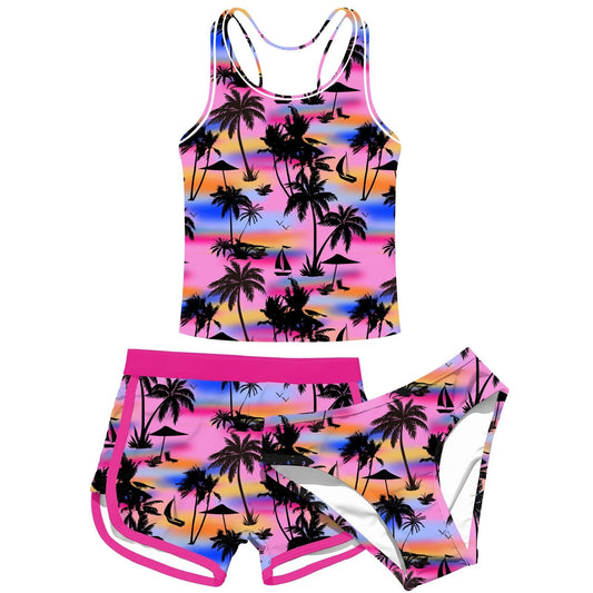 Girls Swimsuit 3 Piece Bathing Suit UPF 50+ Beach Tankini Sets Girls' Racerback Swimwear with Shorts 8-15 Years