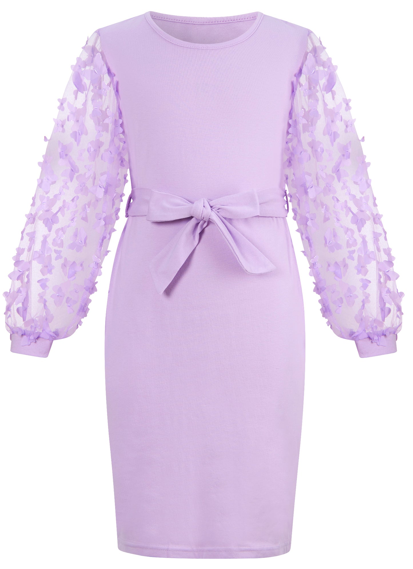 Aideaone Girls Dresses Butterfly Mesh Puff Long Sleeve Bodycon Dress with Belt Crew Neck Party Dress for Girls 7-16 Years