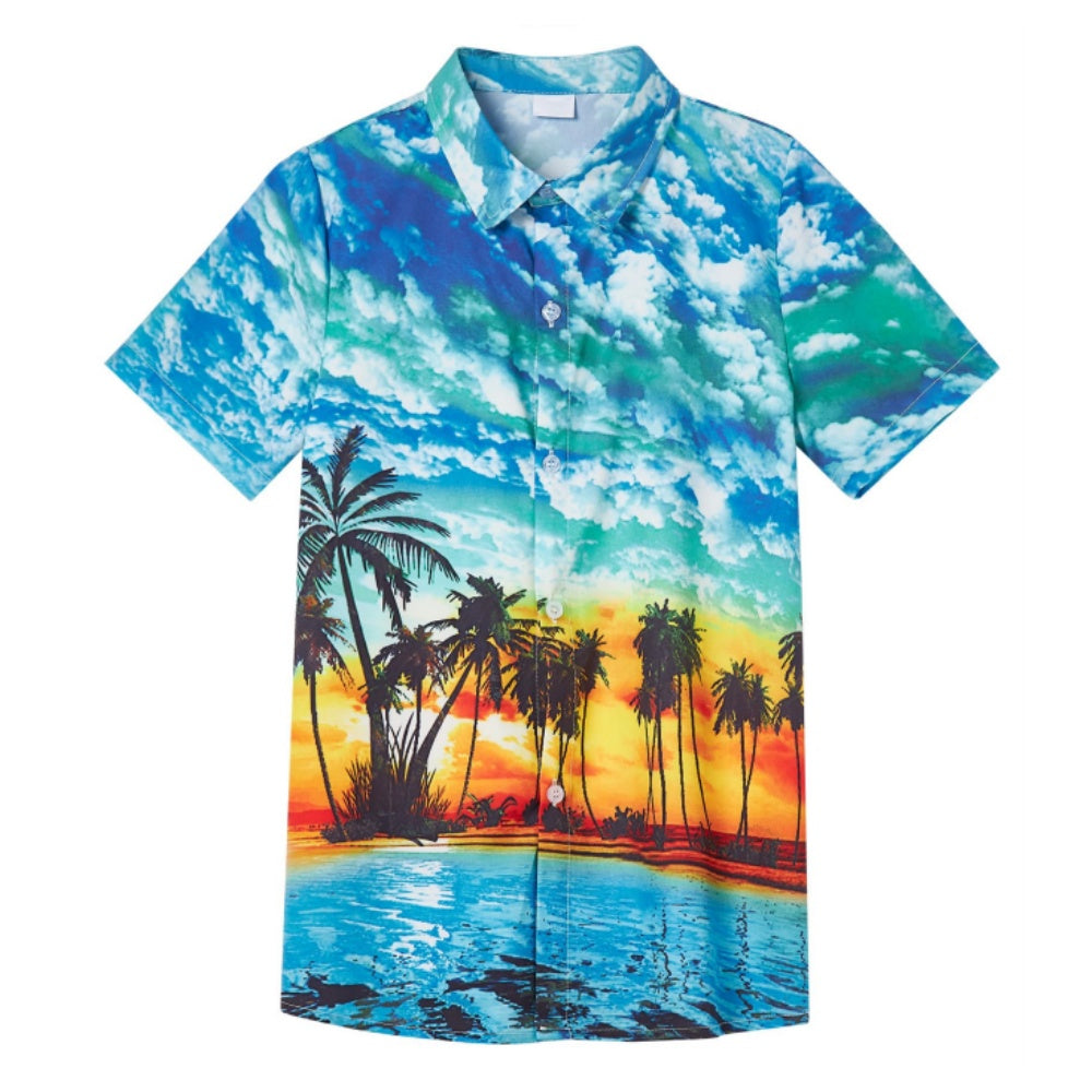 Aideaone Boy's Button Down Hawaiian Shirts Short Sleeve Cool Cartoon Print Tops for 7-14 Years