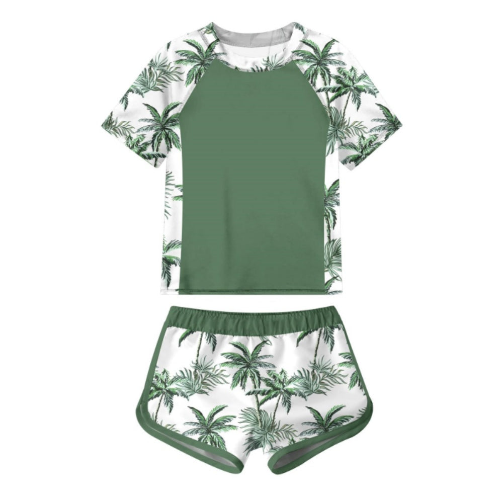 Aideaone Girls Short Sleeve Swimsuit 2-Piece Tankini Rash Guard Bathing Suit Sets Beach Swimwear 8-14T