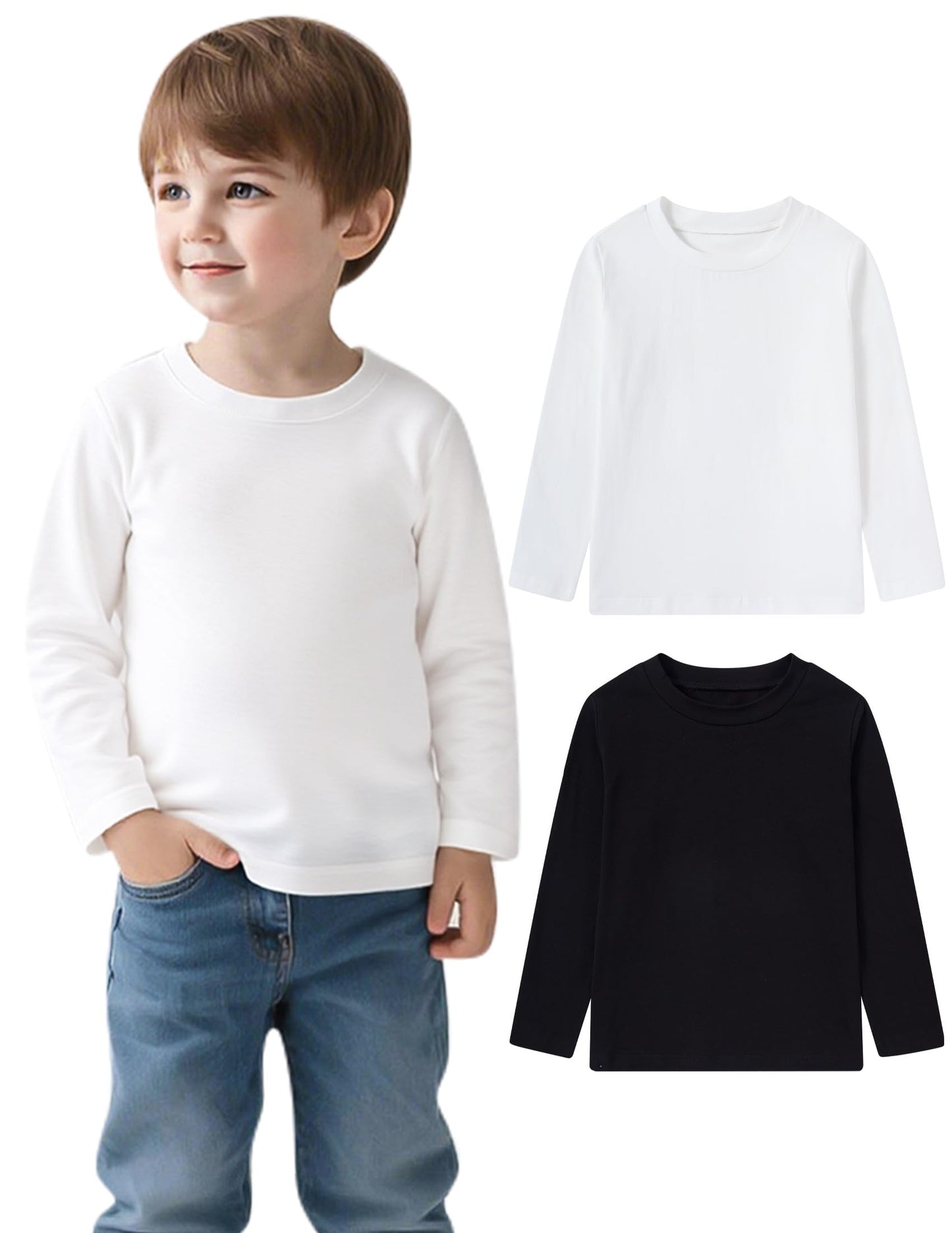 Aideaone Toddler Boys Long Sleeve Shirts Kids Basic Cotton T-Shirts 2PC Crewneck Tees for Boys 2-7T