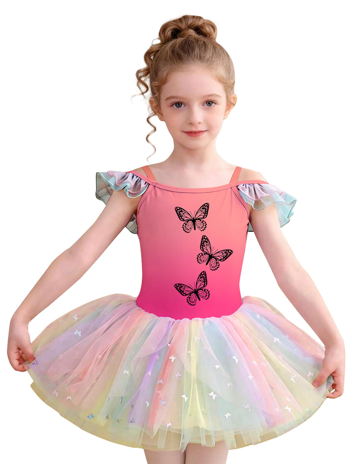 Aideaone Toddler Girls Ballet Tutu Dress Off Shoulder Leotard 3-7Y Kids Dance Costume Rainbow Tulle Skirt