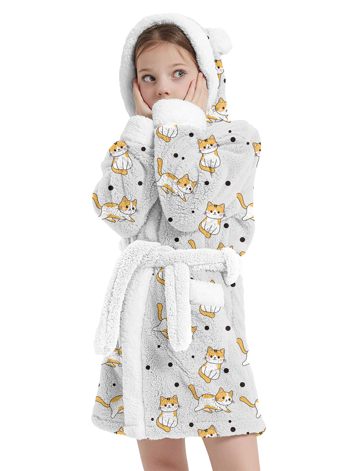 Aideaone Girls Hooded Plush Robe Soft Fuzzy Bathrobe Cozy Sleepwear Loungewear with Belt Pockets Printed Fluffy Lounge Robe for 4-12Y