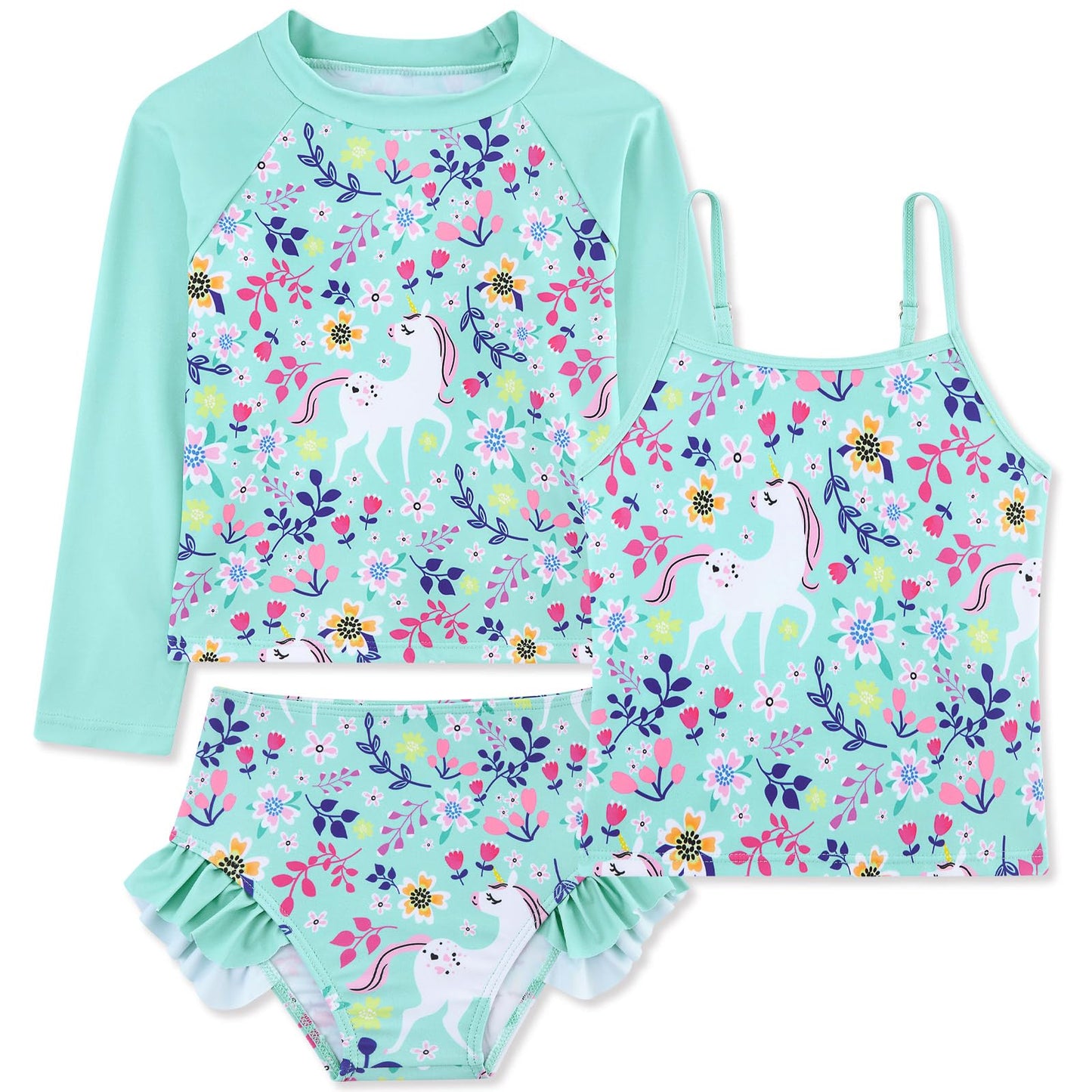 Girls 3-Piece Swimsuit Kids Bathing Suits Tankini Set Long Sleeve Rash Guard Swimwear for Girls 3-10Y