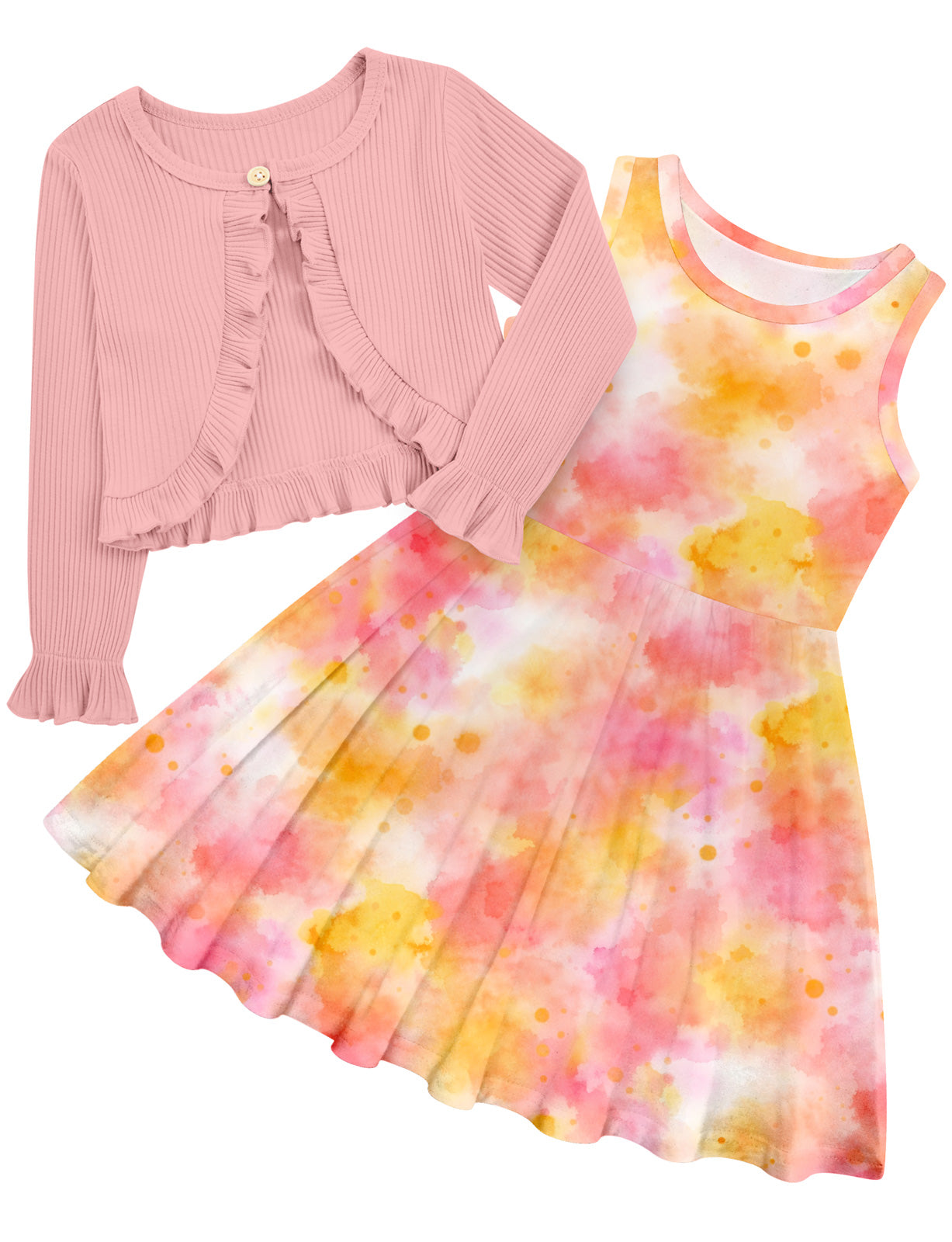 Aideaone Dresses for Girls 5‑12 Sleeveless Floral Butterfly Print with Ruffle Long Sleeve Cardigan 2 Piece Set