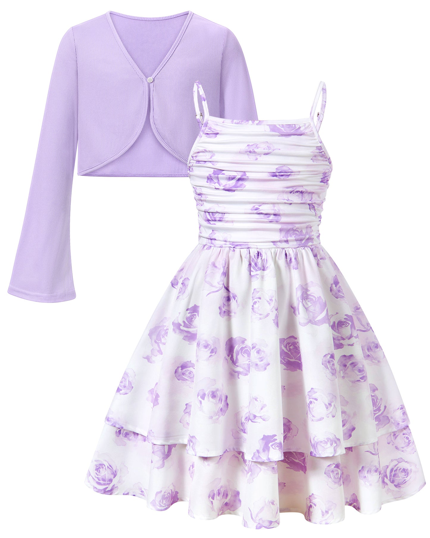 Aideaone Girls Summer Dress with Cardigan Floral Ruched Spaghetti Strap Layered Church Party Dress 7-14Y