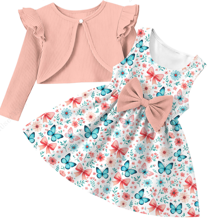 Aideaone Toddler Girls Sleeveless Floral Dress with Ruffle Long Sleeve Cardigan 2‑Piece Set for 2‑6T Little Girls
