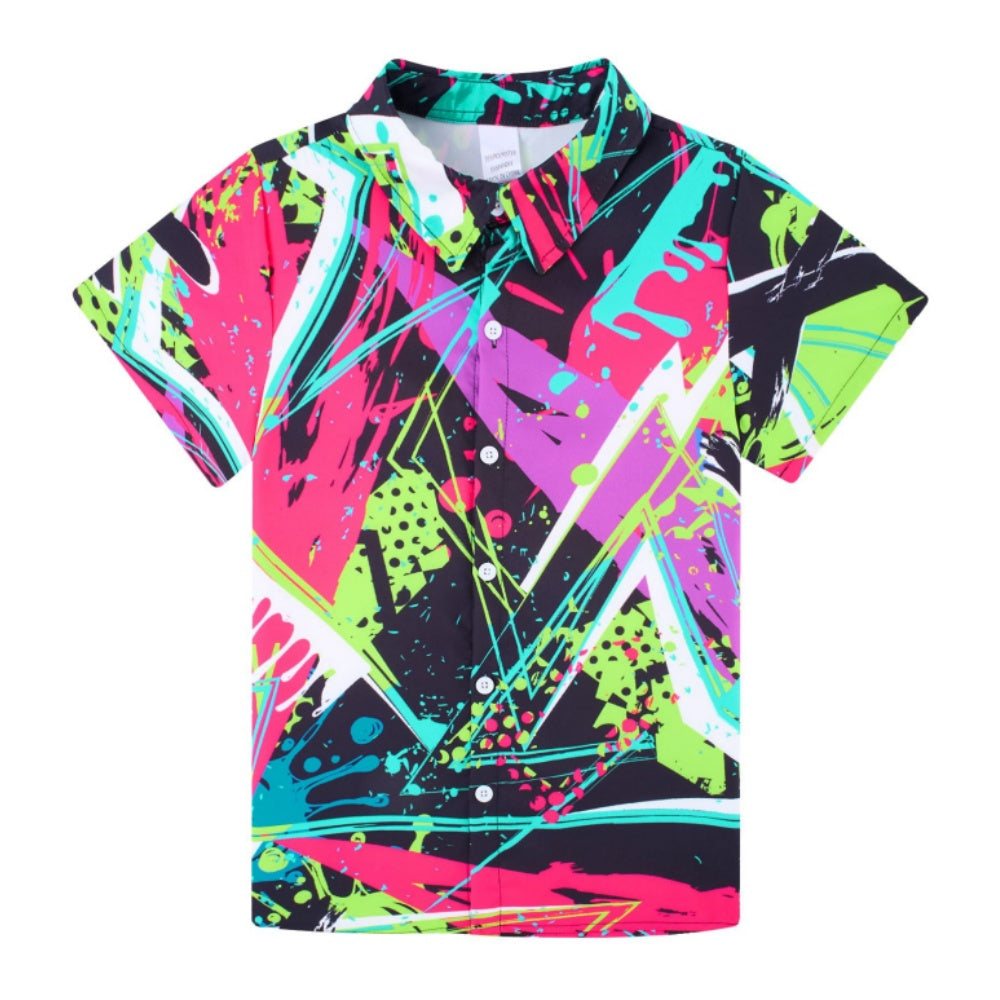 Aideaone Boy's Button Down Hawaiian Shirts Short Sleeve Cool Cartoon Print Tops for 7-14 Years