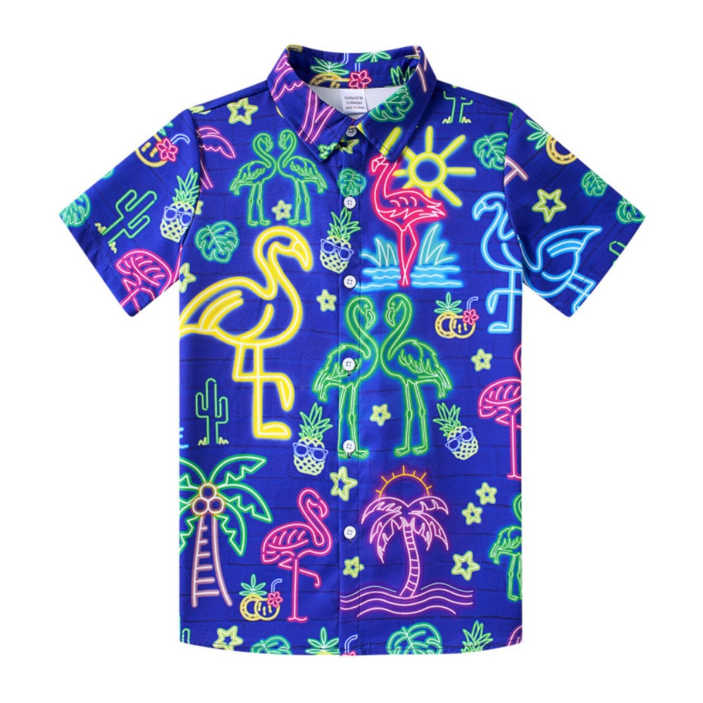 Aideaone Boy's Button Down Hawaiian Shirts Short Sleeve Cool Cartoon Print Tops for 7-14 Years