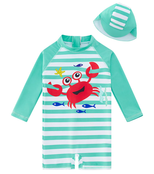 Baby Infant Boys Swimsuit One-Piece with Sun Hat Long Sleeve UPF 50+ Rash Guard Swimwear for Boys 3-24 Months