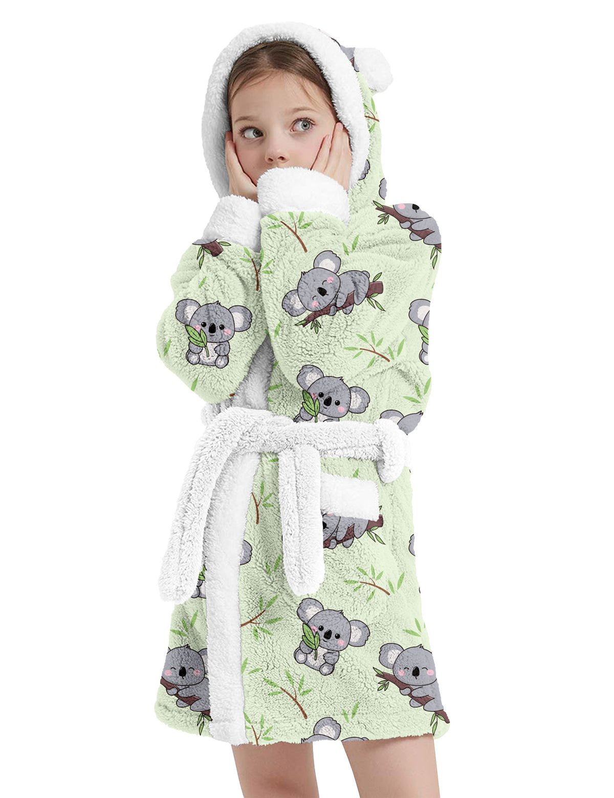 Aideaone Girls Hooded Plush Robe Soft Fuzzy Bathrobe Cozy Sleepwear Loungewear with Belt Pockets Printed Fluffy Lounge Robe for 4-12Y