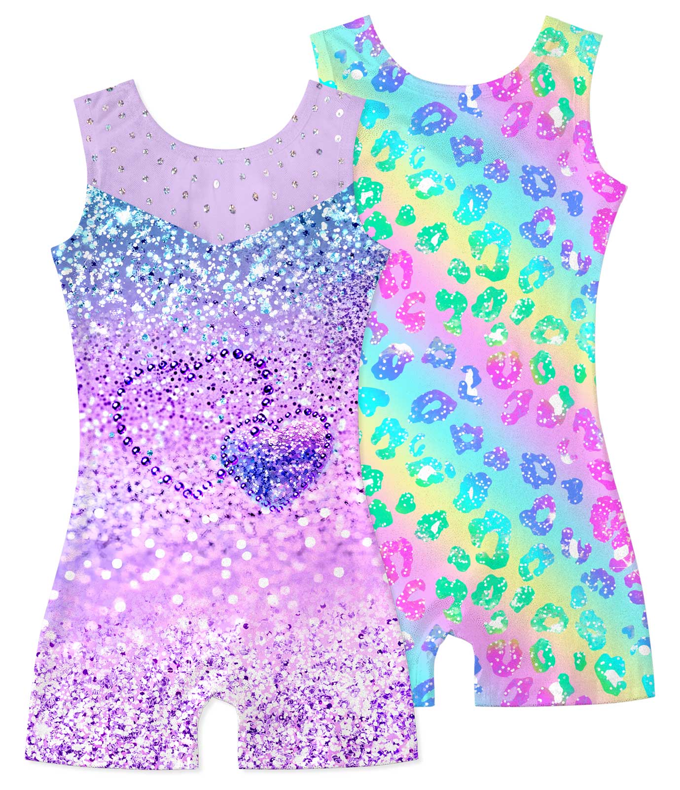Aideaone Girls Gymnastics Leotards 2 Pack Sleeveless Rhinestone Biketards Sparkle Printed Dance Unitard Ballet Training Bodysuit for Little Girls 4-10Y